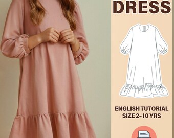 Girls Ruffle Dress Sewing Pattern PDF, Bishop Sleeve Dress Pattern for Toddlers and Kids, Easy Tutorial in English 2-10Y, Ruffle Dress