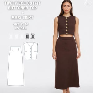 May include: A brown two-piece outfit featuring a buttoned top and a maxi skirt. The top has gold buttons. The image includes the text "TWO-PIECE OUTFIT BUTTONED TOP + MAXI SKIRT SIZE 2-30 XS-5XL".