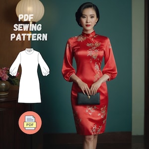 Cheongsam Dress Sewing Pattern - PDF, Mandarin Collar, Elegant Chinese Dress, Balloon Sleeve, Sizes XS-5XL, US 2-30, Bishop Sleeve