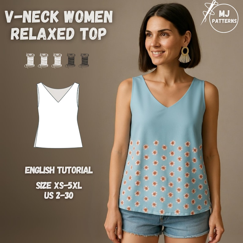 May include: A light blue V-neck relaxed top with a floral pattern at the bottom. The image includes the text "V-NECK WOMEN RELAXED TOP", "ENGLISH TUTORIAL", and "SIZE XS-5XL US 2-30". The model is wearing denim shorts.