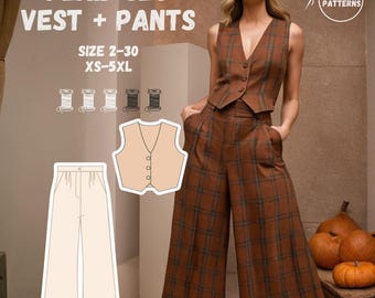 Plaid Vest and Pants Sewing Pattern Set - Tailored Cropped Vest & Wide Leg Trousers Pattern for Sizes XS-5XL - Palazzo Pants