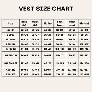 May include: Vest size chart with measurements in inches and centimeters. The chart shows sizes from XS to 5XL with corresponding bust, waist, and hip measurements.