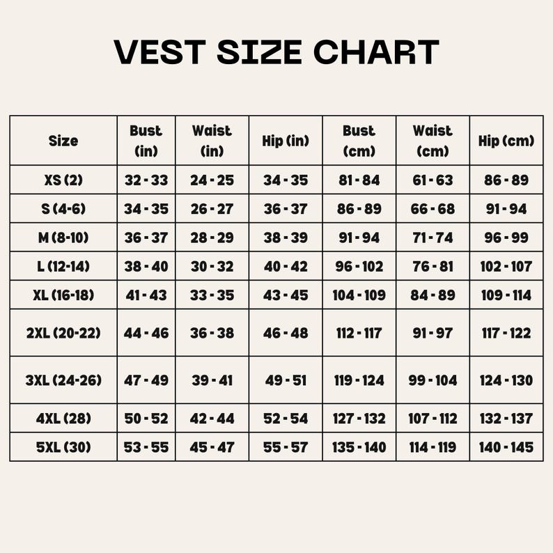 May include: Vest size chart with measurements in inches and centimeters. The chart shows sizes from XS to 5XL with corresponding bust, waist, and hip measurements.