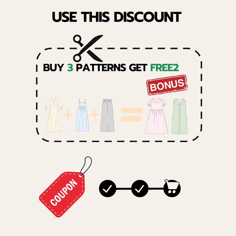 May include: An image promoting a discount on sewing patterns. The text reads "USE THIS DISCOUNT" and "I BUY 3 PATTERNS GET FREE 2." The image includes illustrations of dresses and pants, a coupon tag, and checkmarks.