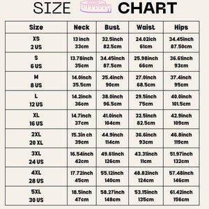 May include: Size chart for clothing with measurements in inches and centimeters. The chart includes sizes XS to 5XL, with corresponding neck, bust, waist, and hip measurements.
