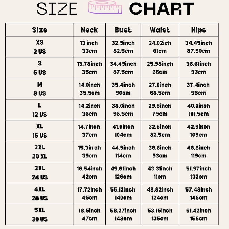 May include: Size chart for clothing with measurements in inches and centimeters. The chart includes sizes XS to 5XL, with corresponding neck, bust, waist, and hip measurements.