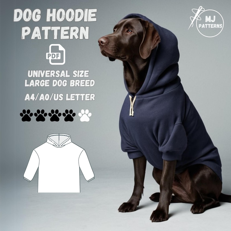 Pu&ograve; includere: Un modello PDF per un hoodie per cani, adatto per razze di grandi dimensioni. Il modello &egrave; disponibile nei formati A4, A0 e US Letter. L'immagine mostra un cane marrone che indossa un hoodie blu navy, e un contorno bianco del modello dell'hoodie.