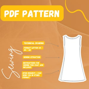 Puede incluir: Un patr&oacute;n digital PDF para un vestido sin mangas. El patr&oacute;n incluye instrucciones para coser el vestido y est&aacute; disponible en los tama&ntilde;os Letter, A4 y A0. La imagen tambi&eacute;n muestra un dibujo t&eacute;cnico del vestido.