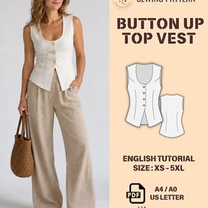 Può includere: Un cartamodello per un gilet senza maniche con chiusura a bottoni e scollo rotondo. Il file digitale include un tutorial in inglese, taglie dalla XS alla 5XL, ed è compatibile con i formati A4, A0, US Letter e file per proiettori.