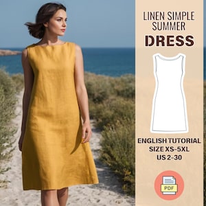 Könnte beinhalten: Ein gelbes Leinenkleid mit ärmellosem Design und einem Boot Ausschnitt. Das Kleid wird von einem Model gezeigt, das auf einem Weg in der Nähe des Ozeans steht. Das Bild enthält auch eine Strichzeichnung des Kleides und den Text "LINEN SIMPLE SUMMER DRESS", "ENGLISH TUTORIAL", "SIZE XS-5XL", "US 2-30" und "PDF".