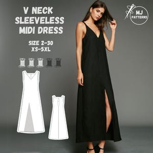V Neck Sleeveless Midi Dress Sewing Pattern, Beginner-Friendly, Summer Slit Dress, XS-5XL, PDF Instant Download