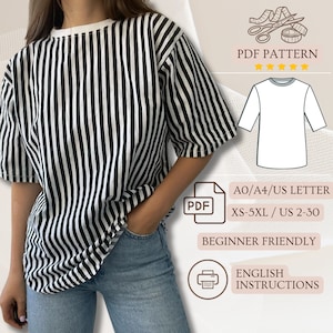 Camiseta unisex Easy Top de manga corta a rayas, patrón en PDF de descarga instantánea en formato A4 o Carta o A0, XS-5XL