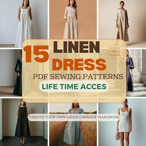 Conjunto de patrones de costura en PDF de lino, estilo cottagecore, vintage, para vestido de verano, minimalista, estilo bohemio para invitada de boda, armario cápsula de lino.