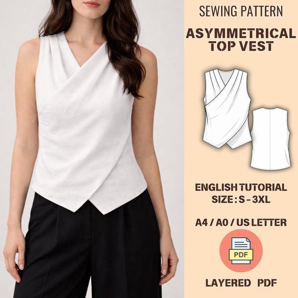 Sewing Vest Asymmetrical Top, Wrap Blouse Sleeveless Summer Shirt, Split Irregular Shirt, PDF Pattern