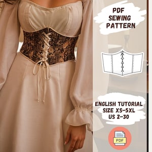 May include: PDF sewing pattern for a corset with a floral print. The pattern includes an English tutorial and is available in sizes XS-5XL (US 2-30).