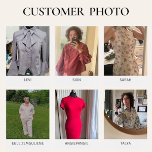 May include: Customer photo collage featuring various garments. Includes a gray blouse with bell sleeves, a red shirt with puffy sleeves, a floral print top, a beige pantsuit, a red dress, and a floral print shirt. Names are listed below each image.