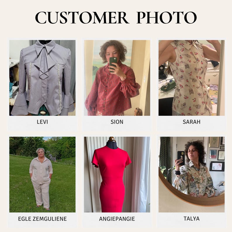 May include: Customer photo collage featuring various garments. Includes a gray blouse with bell sleeves, a red shirt with puffy sleeves, a floral print top, a beige pantsuit, a red dress, and a floral print shirt. Names are listed below each image.
