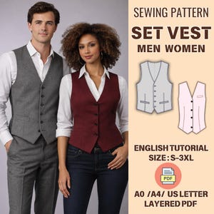 Tailored Vest Sewing Pattern PDF Women's Men's Fitted Waistcoat Tutorial