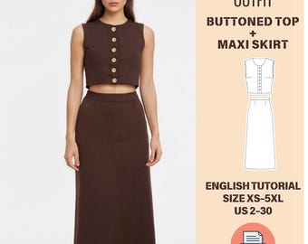Patrón de costura de dos piezas: top corto abotonado y falda larga (PDF), ropa de mujer (tallas XS-5XL), tutorial en inglés.