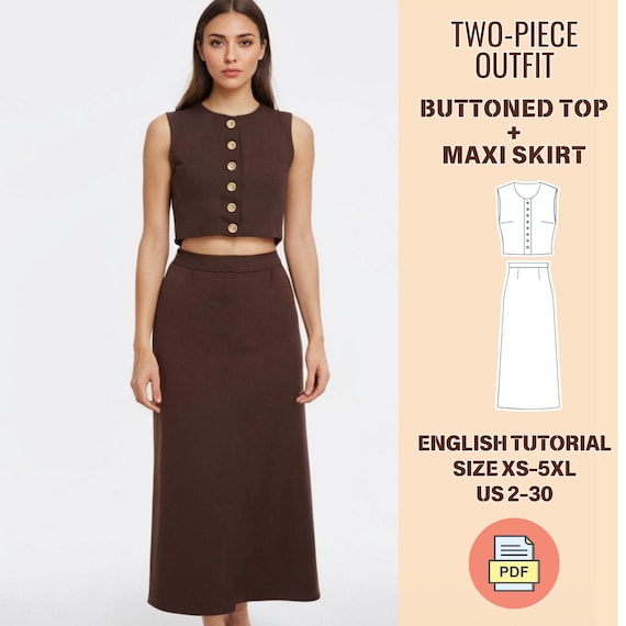 Two Piece Sewing Pattern, Buttoned Crop Top and Maxi Skirt PDF