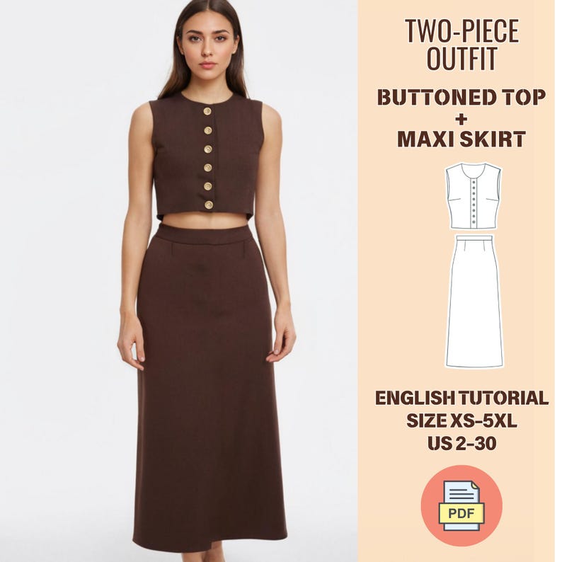May include: A woman models a two-piece outfit in a rich brown hue. The ensemble includes a buttoned crop top and a maxi skirt. The image also features text that reads "TWO-PIECE OUTFIT, BUTTONED TOP + MAXI SKIRT, ENGLISH TUTORIAL, SIZE XS-5XL, US 2-30."