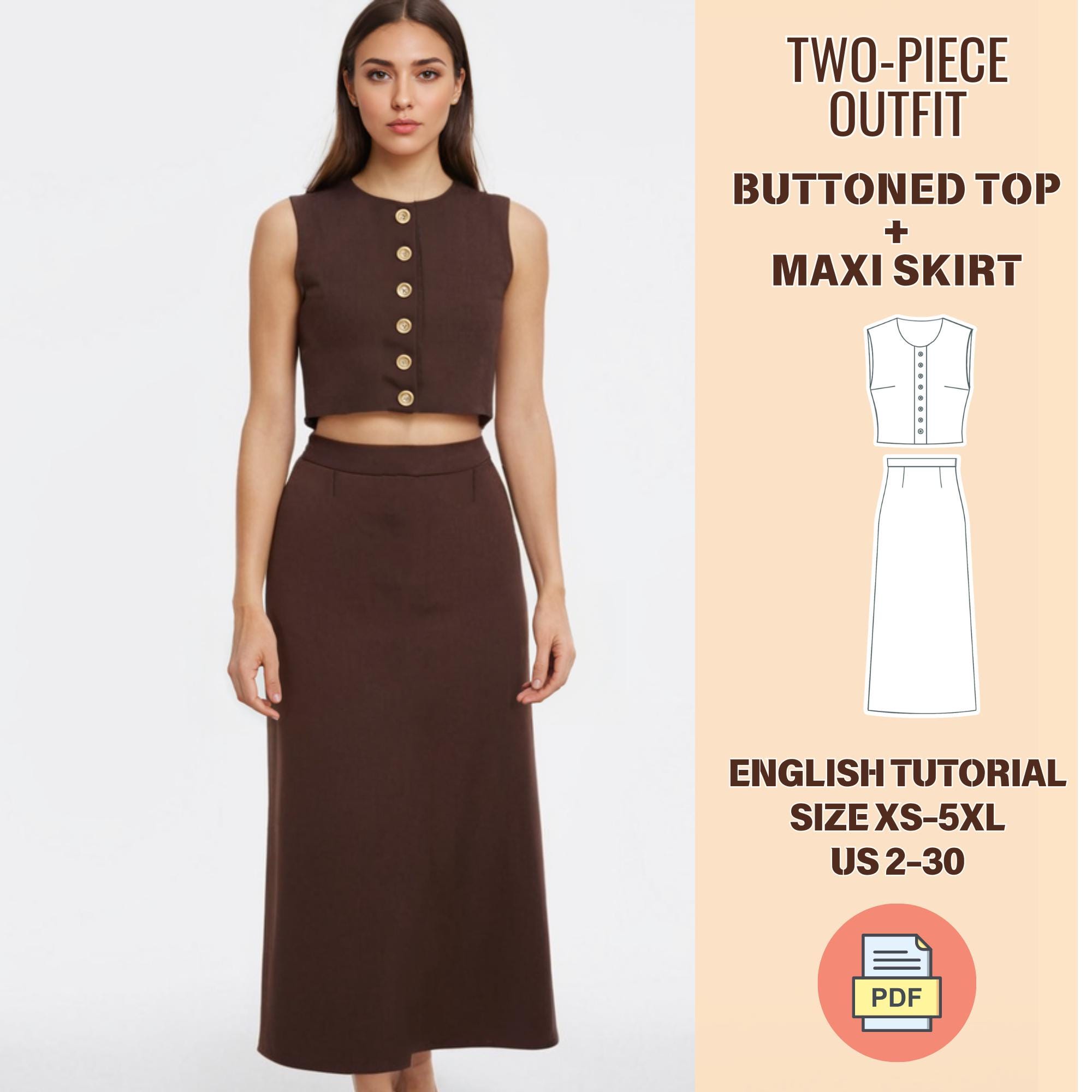 Two Piece Sewing Pattern, Buttoned Crop Top and Maxi Skirt PDF Pattern ...