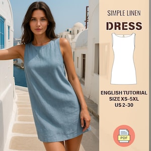 May include: A sleeveless, light blue linen dress. The dress is knee-length and has a simple, classic design. The image also includes the text "SIMPLE LINEN DRESS" and "ENGLISH TUTORIAL SIZE XS-5XL US 2-30".