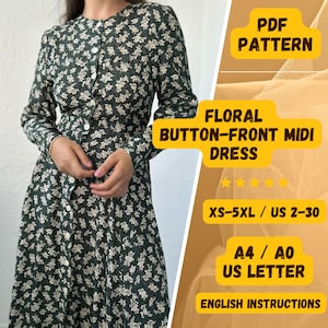 May include: A PDF sewing pattern for a floral button-front midi dress. The pattern includes instructions in English and is available in sizes XS-5XL (US sizes 2-30). The pattern is printed on A4 or A0 paper.