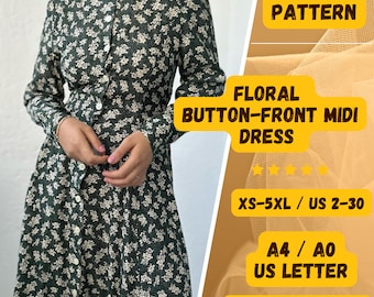 Mönster för midiklänning med knappar och blommönster i vintagestil – långärmad, Cottagecore-stil, XS-5XL
