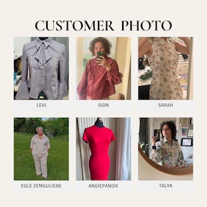 May include: Customer photo collage featuring various clothing items. Includes a gray blouse with bell sleeves, a red button-down shirt, a floral print sleeveless top, a red dress, and a beige pantsuit. The text "CUSTOMER PHOTO" is at the top.