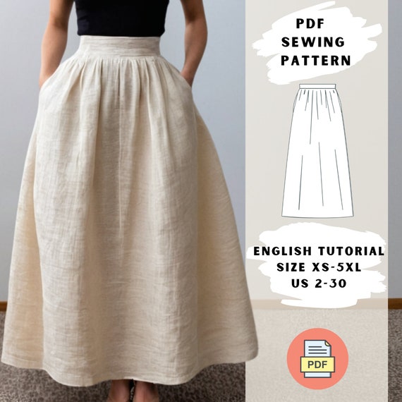 Linen Maxi Skirt Sewing Pattern | Gathered Full-Length Skirt PDF | Sizes XS-5XL | Beginner Friendly | Pockets Skirt | Cottagecore Skirt