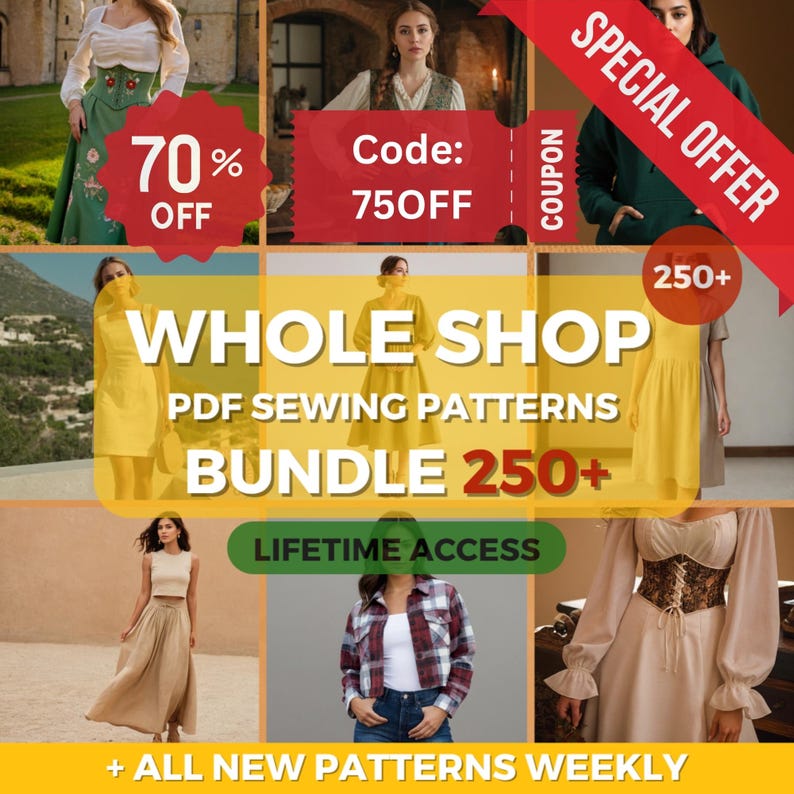 Puede incluir: Un collage de im&aacute;genes que promocionan un paquete de m&aacute;s de 250 patrones de costura PDF. El texto "WHOLE SHOP PDF SEWING PATTERNS BUNDLE 250+ LIFETIME ACCESS" se muestra en letras grandes y en negrita. El texto "SPECIAL OFFER" se muestra en una pancarta roja. El texto "70% OFF" se muestra en un c&iacute;rculo amarillo. El texto "Code: 750FF" se muestra en un rect&aacute;ngulo rojo. El texto "250+" se muestra en un c&iacute;rculo amarillo. El texto "+ ALL NEW PATTERNS WEEKLY" se muestra en la parte inferior de la imagen.