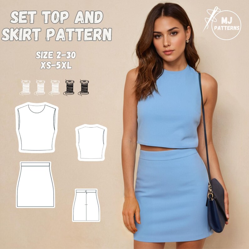Crop Top and Skirt Sewing Pattern PDF, Women’s Two Piece Outfit Pattern, DIY Summer Set, Short Skirt, Sleeveless Top, XS-5XL image 2