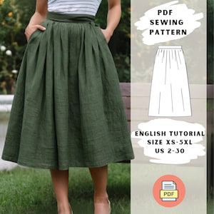 Puede incluir: Un patrón de costura PDF para una falda midi verde con cintura alta y pliegues. El patrón incluye un tutorial en inglés y está disponible en tallas XS-5XL (ES 34-52).