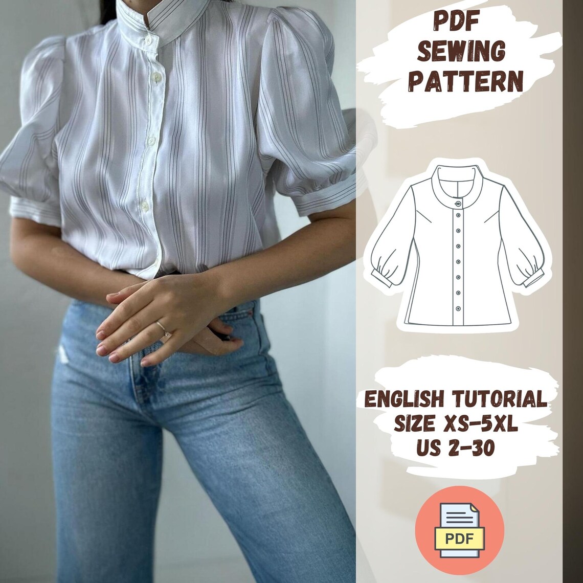 Bishop Sleeve Blouse Sewing Pattern | PDF Digital Download | Vintage ...