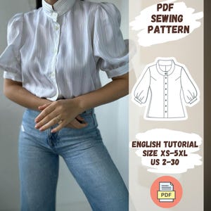 Bishop Sleeve Blouse Sewing Pattern | PDF Digital Download | Vintage-Inspired Mandarin Collar Top | Sizes XS-5XL | Button-Up Shirt Pattern