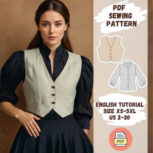 Può includere: Una donna indossa un gilet beige chiaro sopra una camicetta e una gonna nere. Il gilet ha bottoni marroni. L'immagine include un modello di cucito PDF con il testo "PDF Sewing Pattern" e "English Tutorial Size XS-5XL US 2-30".