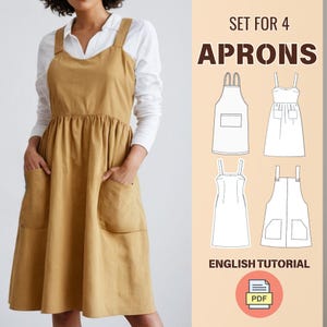 May include: A set of four apron sewing patterns with an English tutorial. The patterns include a classic apron, a pinafore apron, a dress apron, and a bib apron. The patterns are available as a PDF download.