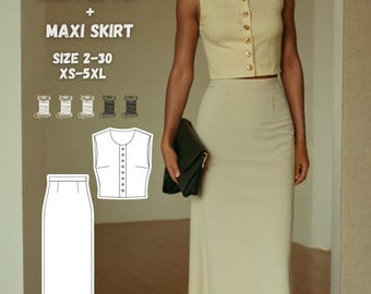 Patrón de costura para top corto y falda larga, patrón PDF para conjunto de dos piezas, ropa de mujer DIY, proyecto de costura para principiantes, tallas XS-5XL
