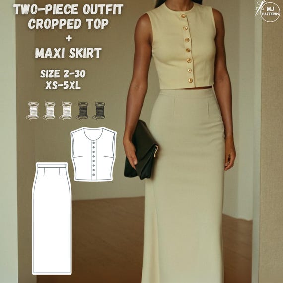 Crop Top and Maxi Skirt Sewing Pattern, Two Piece Outfit PDF Pattern, DIY Women's Clothing, Beginner Sewing Project, XS-5XL