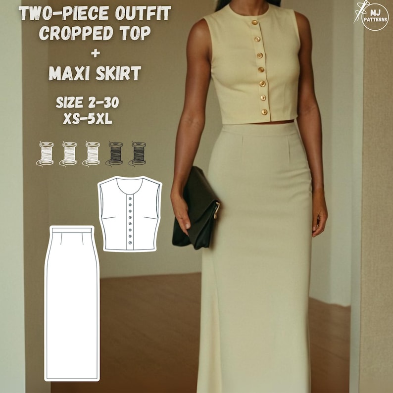 May include: A two-piece outfit sewing pattern for a cropped top and maxi skirt. The pattern includes instructions for sizes 2-30 and XS-5XL. The pattern is illustrated with line drawings of the top and skirt.