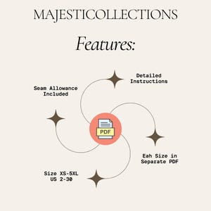May include: Cream-colored graphic with the text "MAJESTICOLLECTIONS" and "Features:". The image highlights features like "Seam Allowance Included", "Detailed Instructions", and "Eah Size in Separate PDF". It also lists sizes XS-5XL, US 2-30.