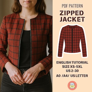 May include: A red and black plaid zipped jacket with a black zipper. The jacket is worn by a person. The image also includes text that says "PDF Pattern Zipped Jacket" and "English Tutorial Size XS-5XL US 2-30".
