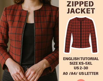 Fitted Zipped Jacket Sewing Pattern PDF – Cropped Blazer , Plaid, Vintage, Spring , Jean