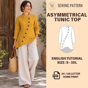 May include: A sewing pattern for an asymmetrical tunic top with a mandarin collar and diagonal button closure. The design includes a technical line drawing, English tutorial instructions, and size range S-3XL for A4 or US Letter home printing.