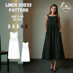 Linen Maxi Dress Sewing Pattern - PDF, Sleeveless Boho Summer Dress with Pockets, Square Neck, Gathered Waist, Sizes XS-5XL
