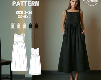 Linen Maxi Dress Sewing Pattern - PDF, Sleeveless Boho Summer Dress with Pockets, Square Neck, Gathered Waist, Sizes XS-5XL