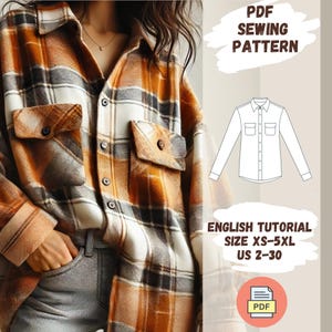 Oversized Plaid Shacket Sewing Pattern, Cozy Flannel Button-Up Shirt Jacket, Trendy Fall-Winter Layering Piece, Casual Long Sleeve Outerwear