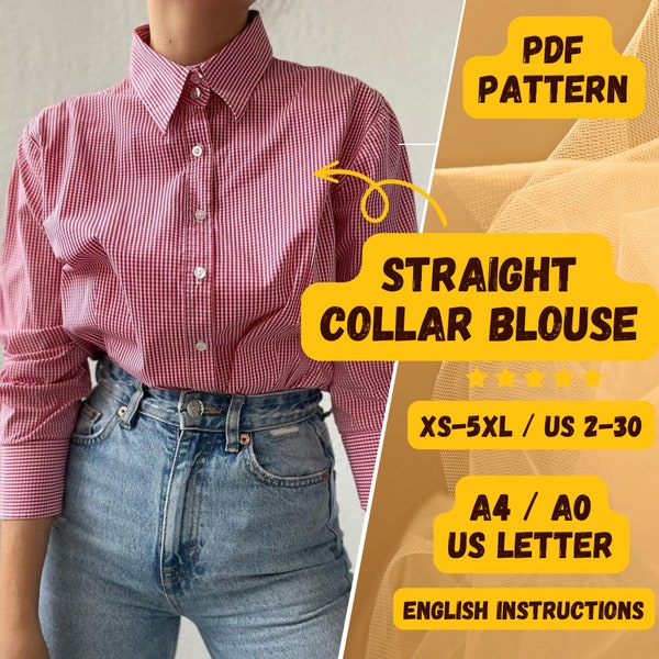 Straight Collar Blouse, Women Casual Long Sleeve Blouse, PDF Sewing Pattern, Simple Office Shirt, XS-5XL Pattern