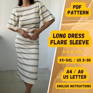 Puede incluir: Patrón PDF para un vestido largo con mangas acampanadas. El vestido es de rayas blancas y negras. El patrón está disponible en tallas XS-5XL, tallas españolas 34-52. El patrón se imprime en papel A4, A0 o tamaño carta de EE. UU. Instrucciones en inglés incluidas.